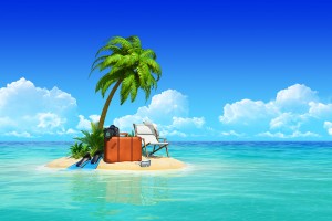 Desert tropical island with palm tree, chaise lounge, suitcase.